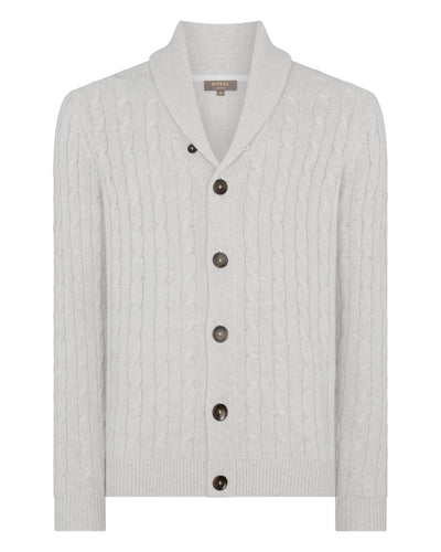 N.Peal Men's Garrick Shawl Cable Cashmere Cardigan Pebble Grey