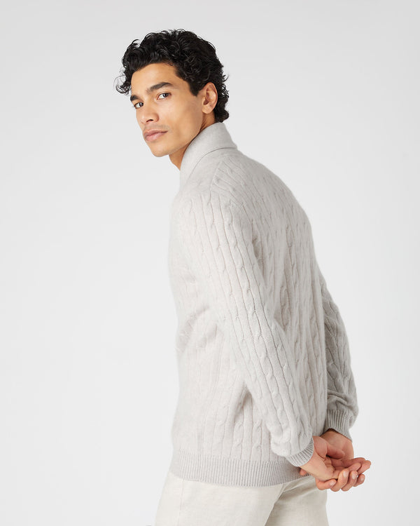 N.Peal Men's Garrick Shawl Cable Cashmere Cardigan Pebble Grey