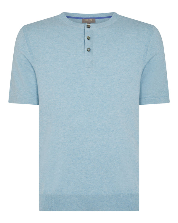 Men's Henley Cotton Cashmere T-Shirt Cornflower Blue