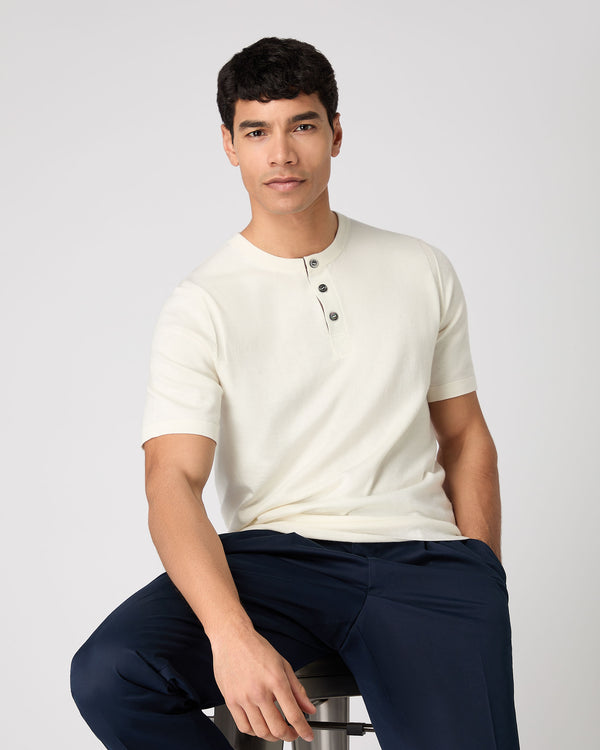 Men's Henley Cotton Cashmere T-Shirt New Ivory White