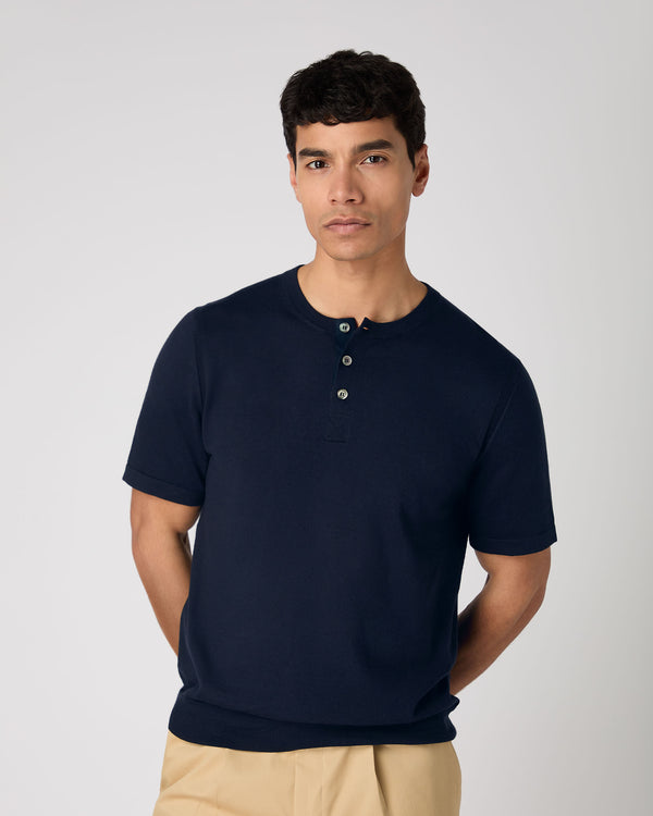 Men's Henley Cotton Cashmere T-Shirt Navy Blue