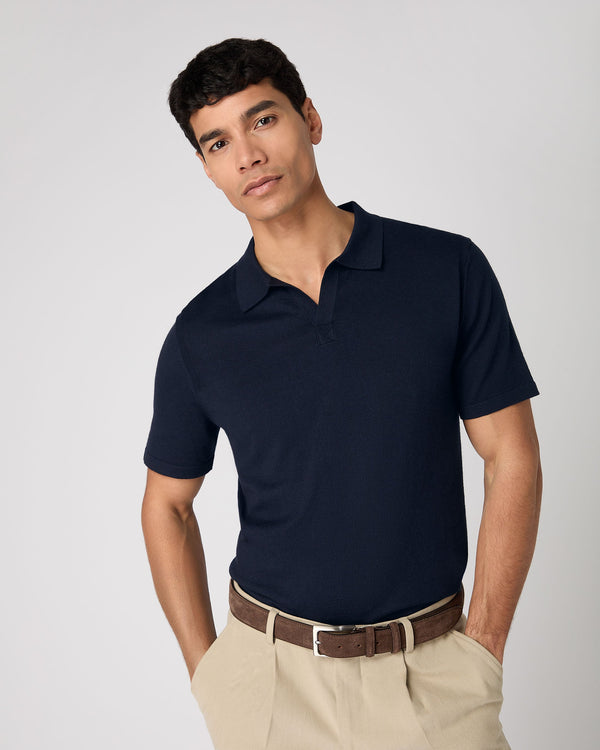 N.Peal Men's Polo Cotton Cashmere T-Shirt Navy Blue