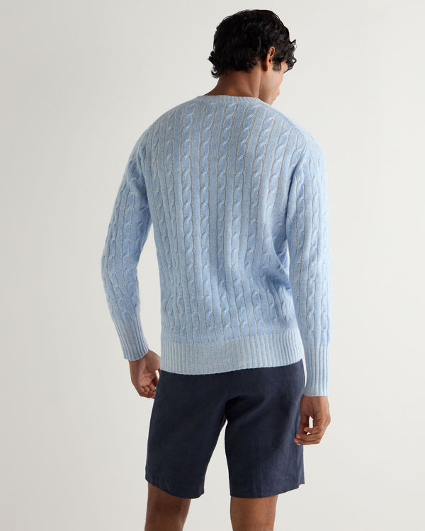 N.Peal Men's Thames Cable Round Neck Cashmere Jumper Cornflower Blue