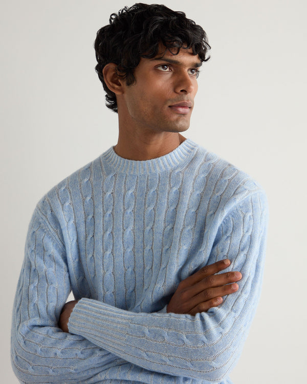 N.Peal Men's Thames Cable Round Neck Cashmere Jumper Cornflower Blue