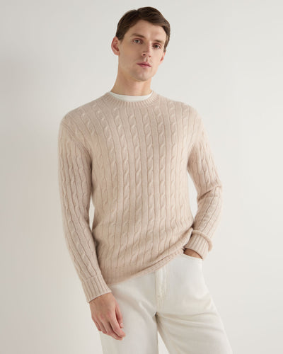 N.Peal Men's Thames Cable Round Neck Cashmere Jumper Ecru White