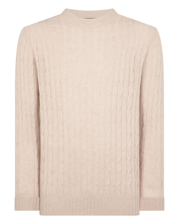 N.Peal Men's Thames Cable Round Neck Cashmere Jumper Ecru White