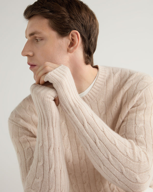 N.Peal Men's Thames Cable Round Neck Cashmere Jumper Ecru White