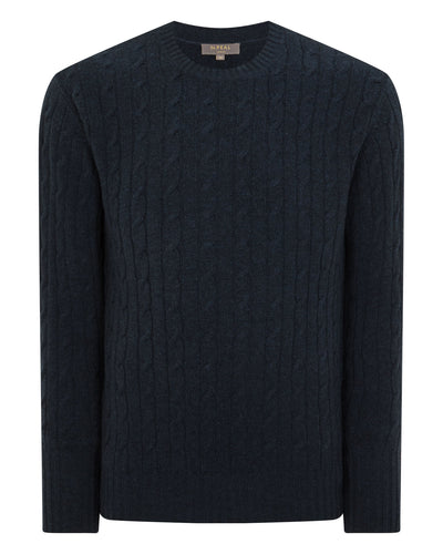 N.Peal Men's Thames Cable Round Neck Cashmere Jumper Indigo Blue