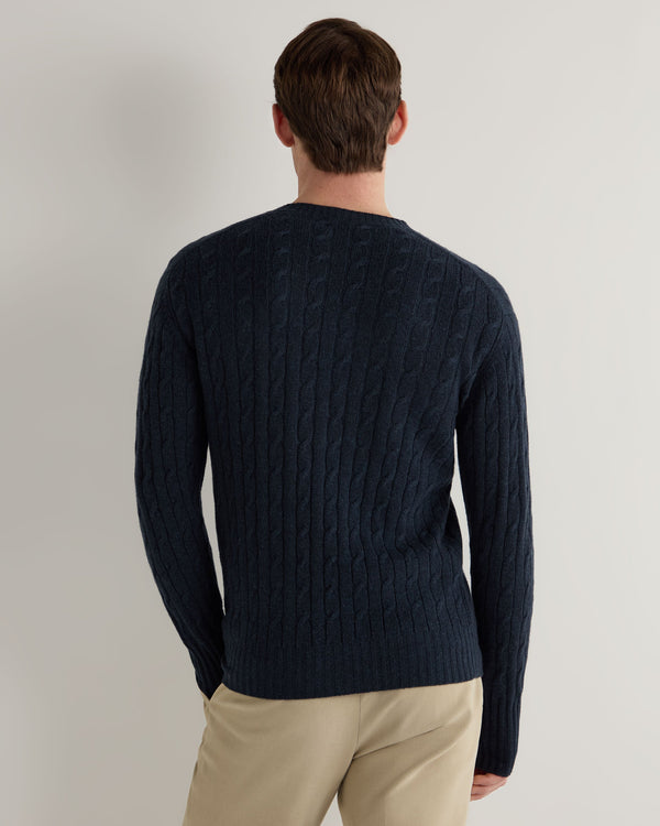 N.Peal Men's Thames Cable Round Neck Cashmere Jumper Indigo Blue