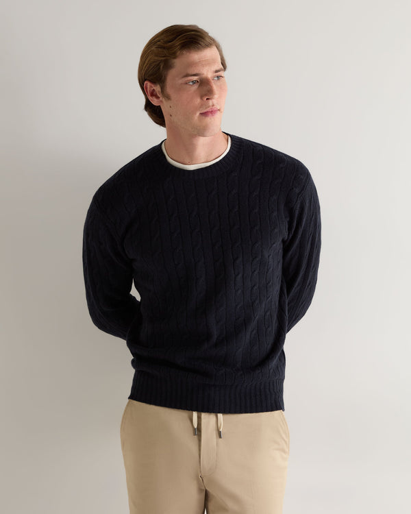 N.Peal Men's Thames Cable Round Neck Cashmere Jumper Navy Blue