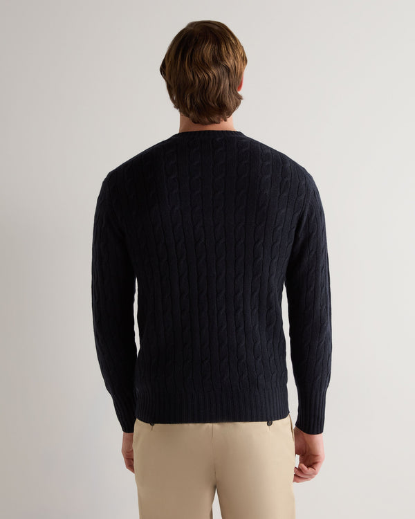 N.Peal Men's Thames Cable Round Neck Cashmere Jumper Navy Blue