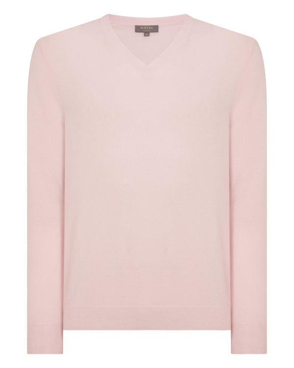 N.Peal Men's Burlington V Neck Cashmere Jumper Blossom Pink