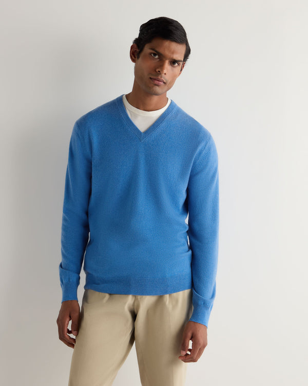 N.Peal Men's Burlington V Neck Cashmere Jumper Provence Blue