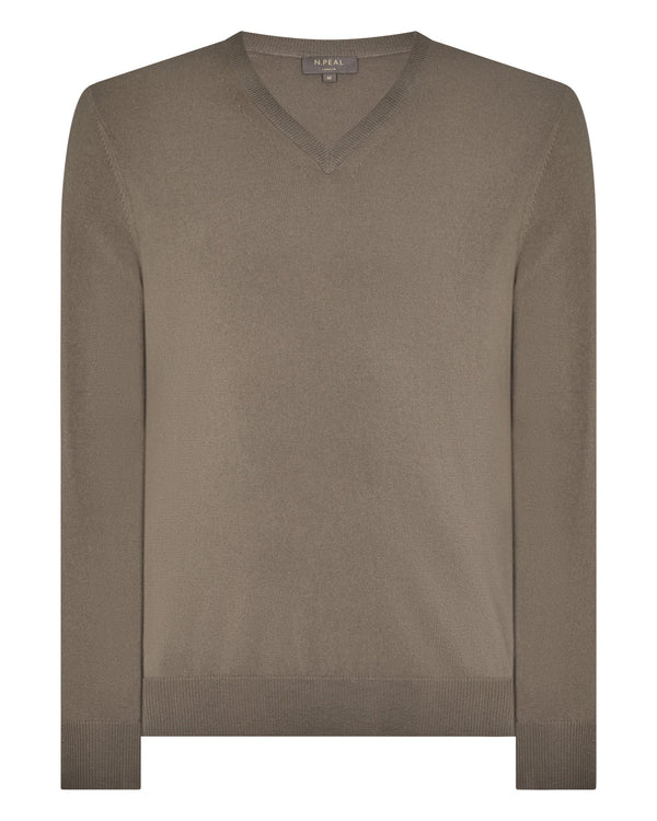 N.Peal Men's Burlington V Neck Cashmere Jumper Vintage Khaki Green