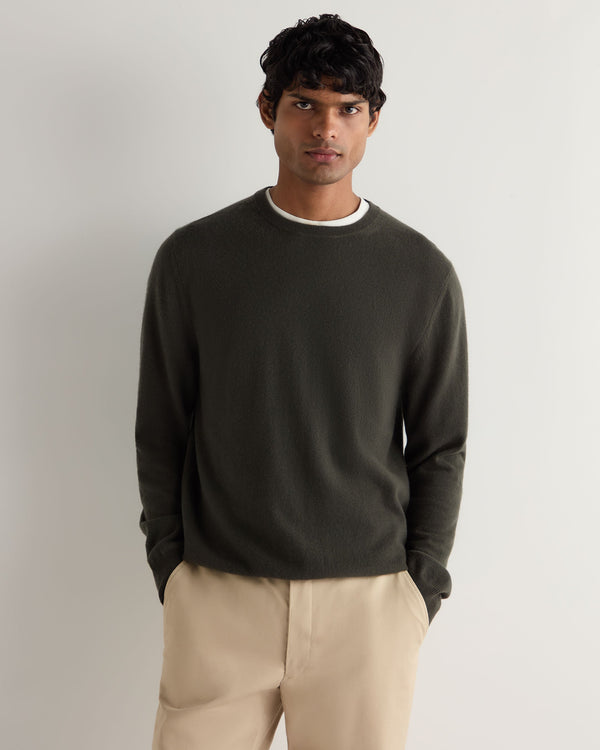 N.Peal Men's Oxford Round Neck Cashmere Jumper Arabica Khaki Green