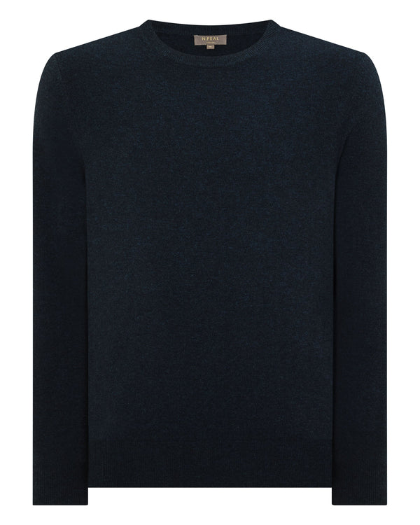 N.Peal Men's Oxford Round Neck Cashmere Jumper Indigo Blue