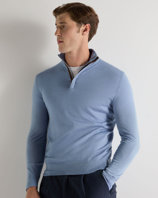 N.Peal Men's Regent Fine Gauge Cashmere Half Zip Jumper Cornflower Blue