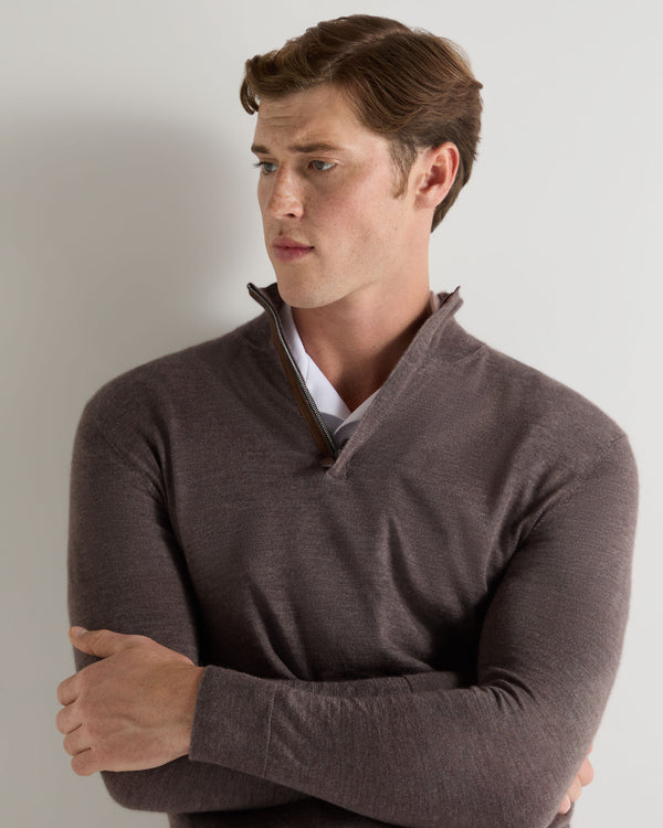 N.Peal Men's Regent Fine Gauge Cashmere Half Zip Jumper Driftwood Brown