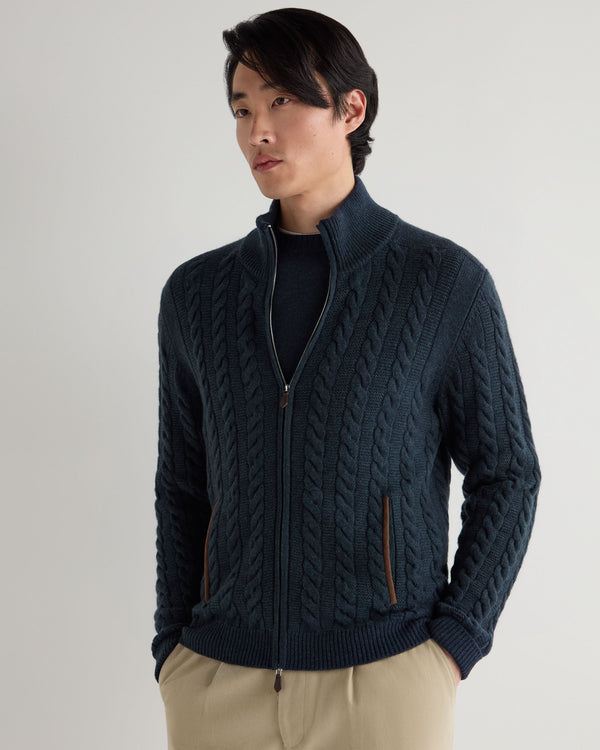 N.Peal Men's Richmond Cable Cashmere Cardigan Indigo Blue