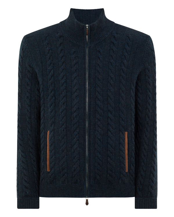 N.Peal Men's Richmond Cable Cashmere Cardigan Indigo Blue