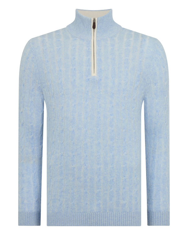 N.Peal Men's Two Tone Cable Half Zip Cashmere Jumper Cornflower Blue