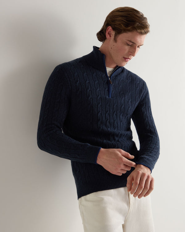 N.Peal Men's Albemarle Cable Half Zip Cashmere Jumper Indigo Blue