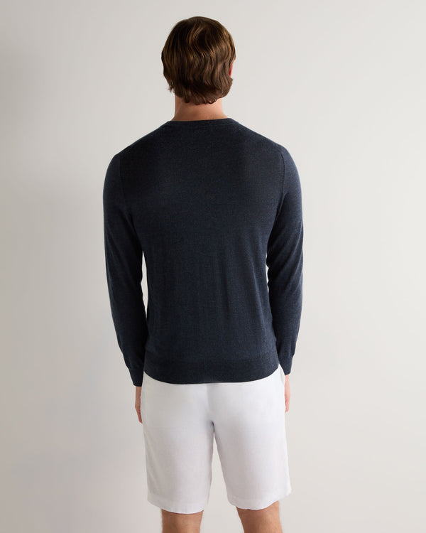 N.Peal Men's Covent Fine Gauge Cashmere Round Neck Jumper Indigo Blue