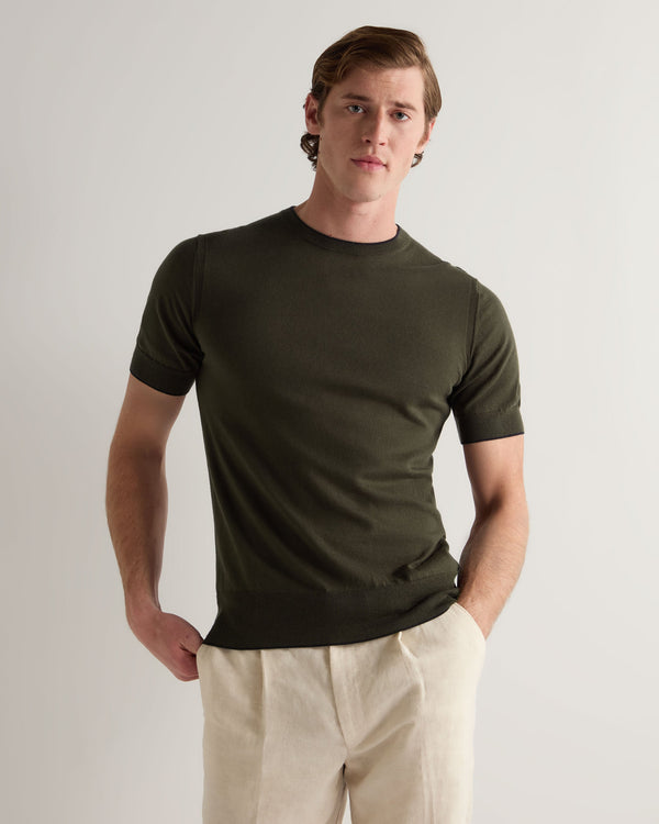 N.Peal Men's Newquay Cotton Cashmere T-Shirt Arabica Khaki Green