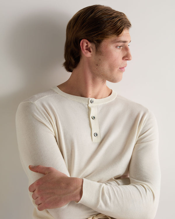 N.Peal 007 Round Neck Cotton Cashmere Henley New Ivory White