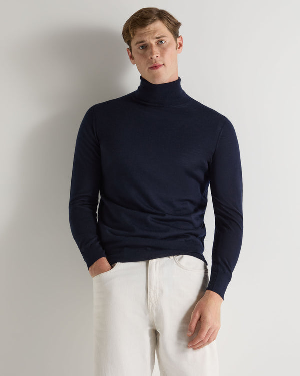 N.Peal Men's Pimlico Fine Gauge Cashmere Roll Neck Jumper Navy Blue