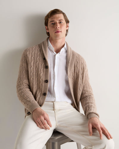 N.Peal Men's Garrick Shawl Cable Cashmere Cardigan Oatmeal Brown