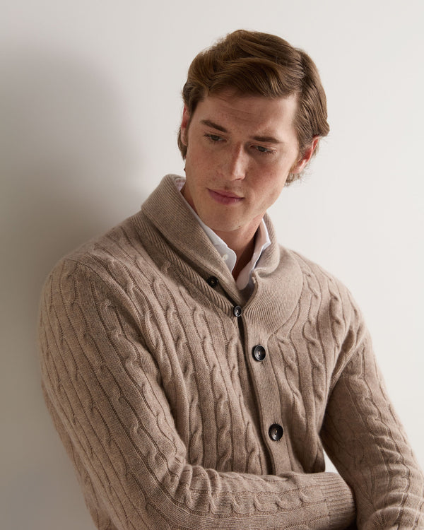 N.Peal Men's Garrick Shawl Cable Cashmere Cardigan Oatmeal Brown