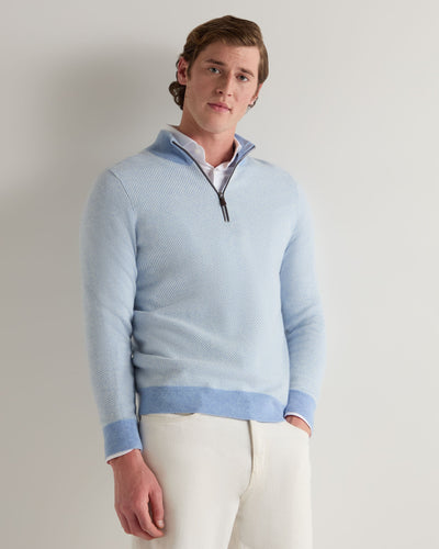 N.Peal Men's Temple Jacquard Half Zip Cashmere Jumper Cornflower Blue