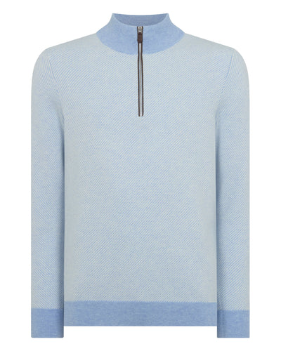 N.Peal Men's Temple Jacquard Half Zip Cashmere Jumper Cornflower Blue