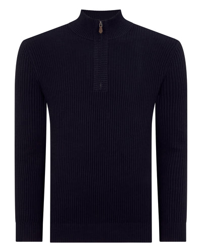 N.Peal Men's Fisherman Rib Half Zip Cotton Blend Jumper Navy Blue