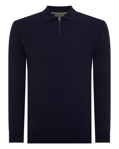 N.Peal Men's Long Sleeve Half Zip Cotton Cashmere Jumper Navy Blue