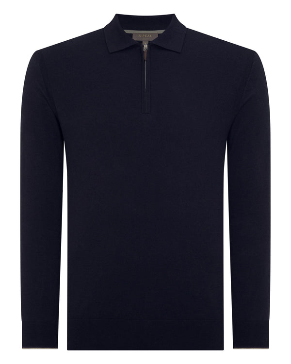 N.Peal Men's Long Sleeve Half Zip Cotton Cashmere Jumper Navy Blue