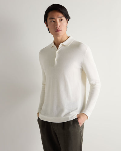 N.Peal Men's Moss Stitch Cotton Cashmere Polo New Ivory White