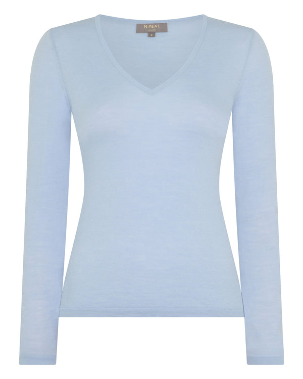 N.Peal Women's Imogen Superfine Cashmere V Neck Jumper Pale Blue