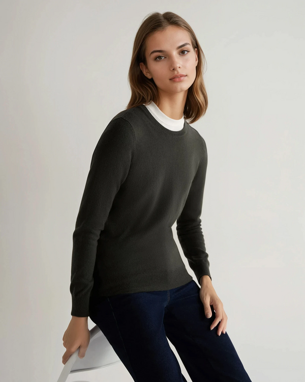N.Peal Women's Evie Classic Round Neck Cashmere Jumper Arabica Khaki Green