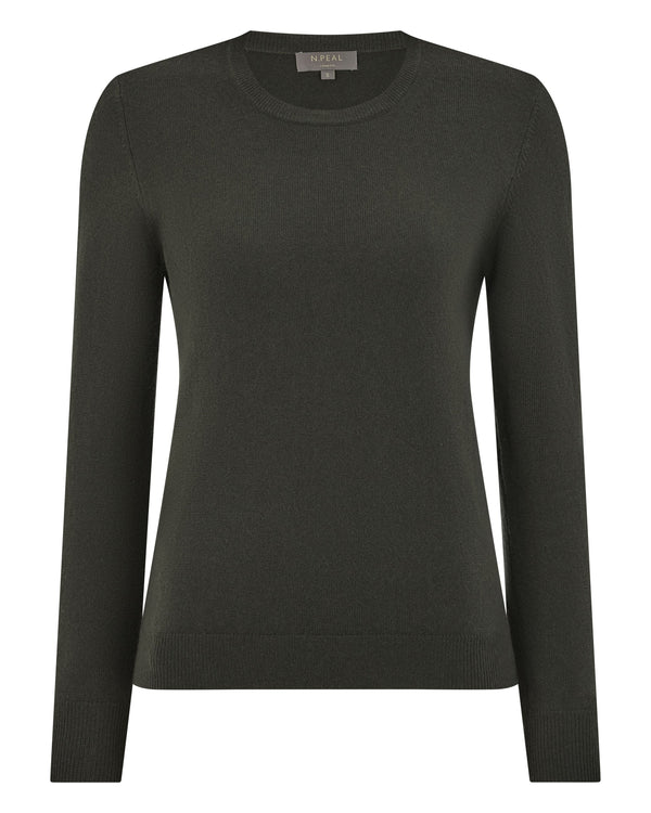 N.Peal Women's Evie Classic Round Neck Cashmere Jumper Arabica Khaki Green