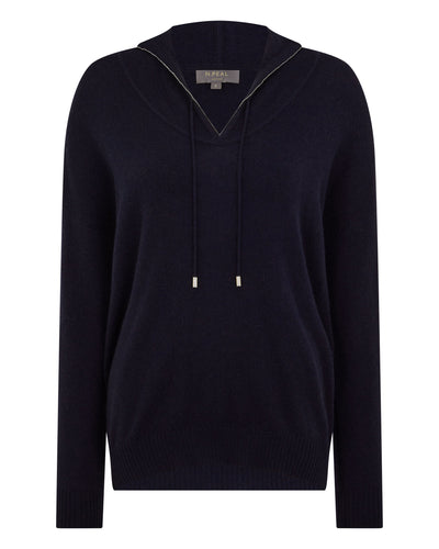 N.Peal Women's Maya Metal Trim Cashmere Hoodie Navy Blue