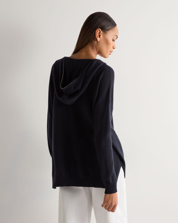 N.Peal Women's Maya Metal Trim Cashmere Hoodie Navy Blue