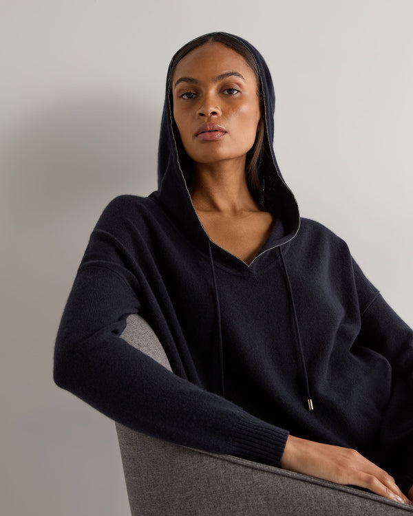 N.Peal Women's Maya Metal Trim Cashmere Hoodie Navy Blue