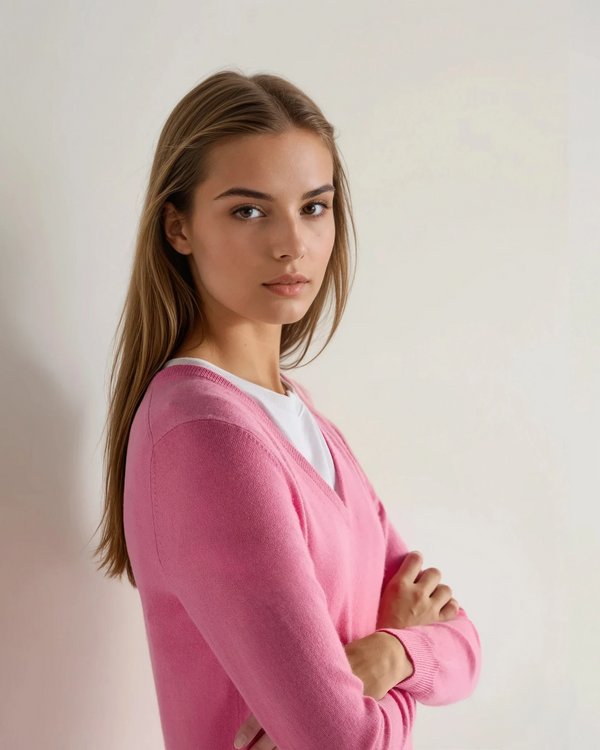 N.Peal Women's Phoebe V Neck Cashmere Jumper Camellia Pink