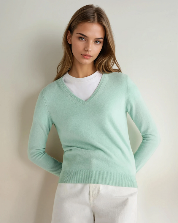 N.Peal Women's Phoebe V Neck Cashmere Jumper Dusty Teal Green