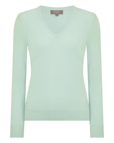 N.Peal Women's Phoebe V Neck Cashmere Jumper Dusty Teal Green