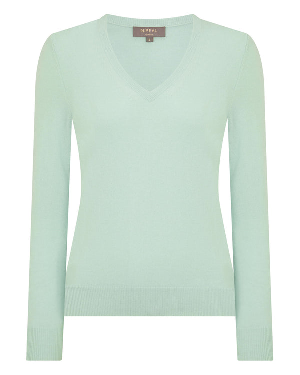 N.Peal Women's Phoebe V Neck Cashmere Jumper Dusty Teal Green