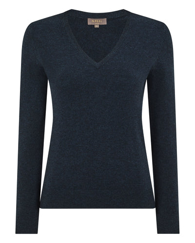 N.Peal Women's Phoebe V Neck Cashmere Jumper Indigo Blue