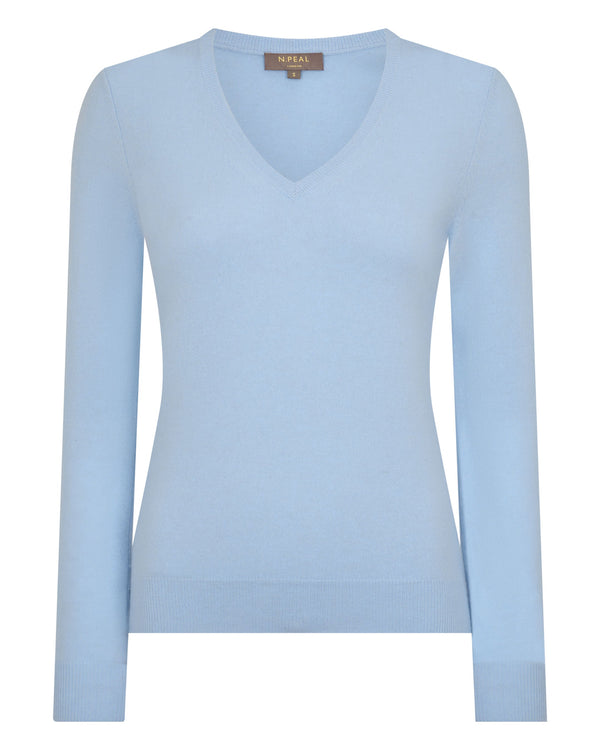 N.Peal Women's Phoebe V Neck Cashmere Jumper Sea Mist Blue